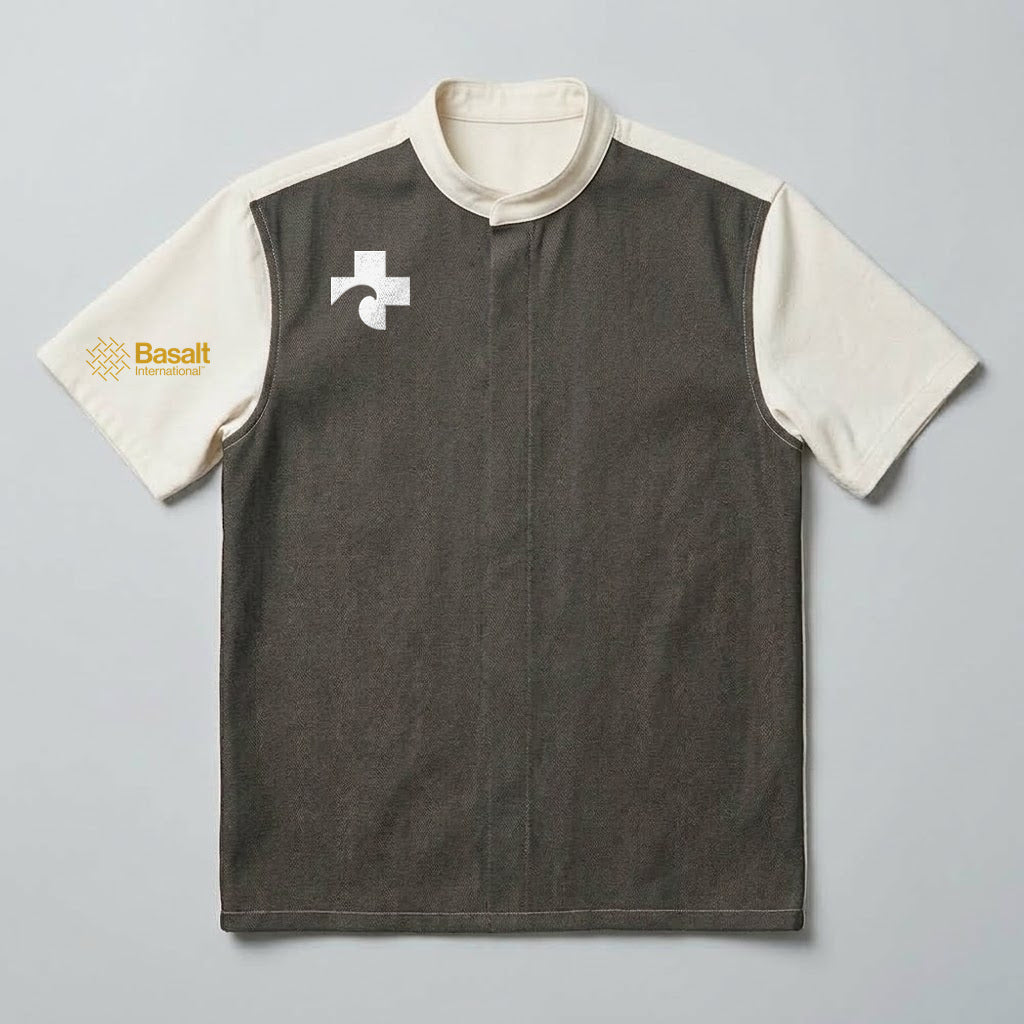 The Basalt Swatch Shirt laid flat: woven basalt body panel with off-white cotton sleeves, Beach Recovery Cross reversed to white at the right chest, Basalt International mark on the sleeve.