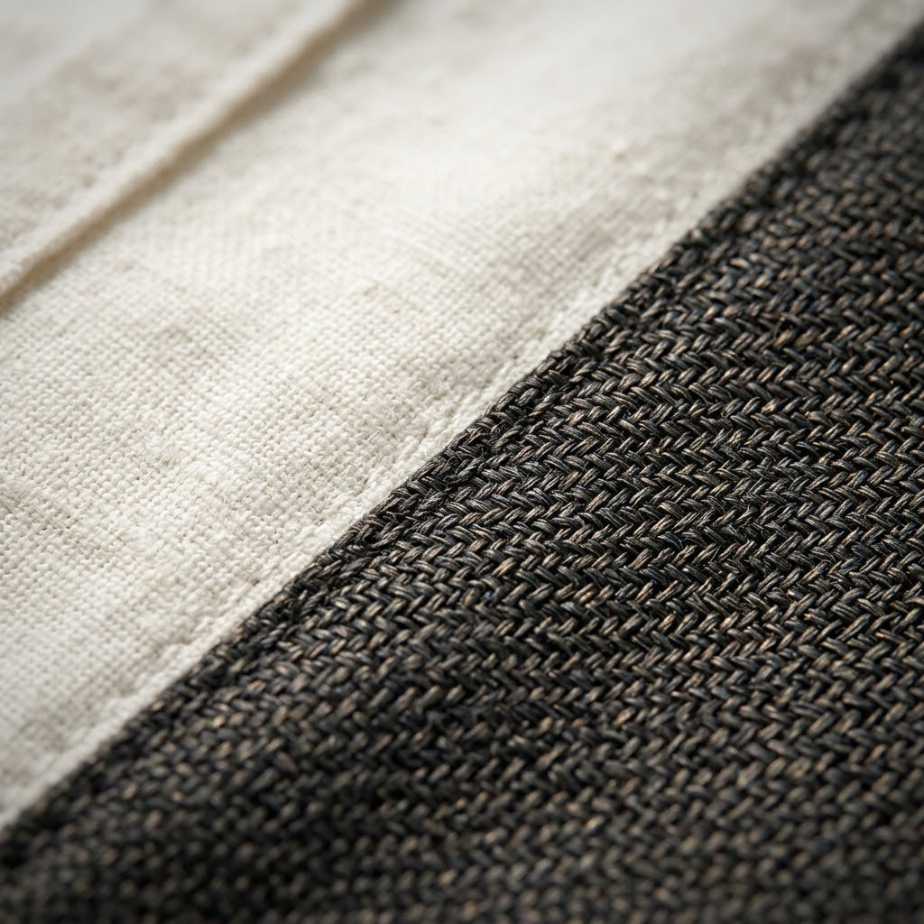 Macro photograph of woven basalt cloth meeting cotton twill along a topstitched seam.