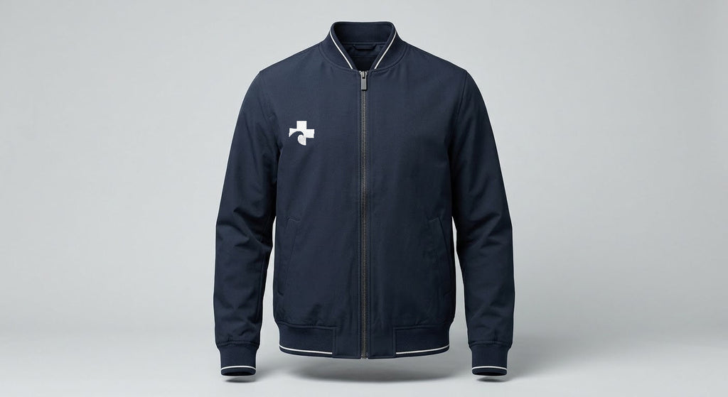 The bomber jacket zipped: matte navy technical shell, ribbed collar and cuffs, Beach Recovery Cross reversed to white at the right chest.