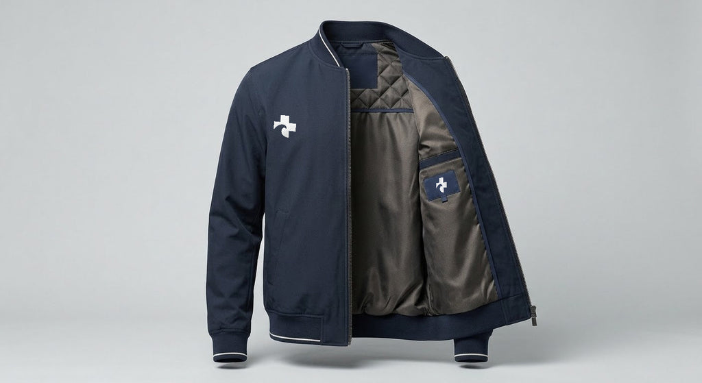 The bomber jacket held open to reveal a full woven basalt lining quilted across the upper back, with the edition-stamped interior label.