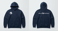Navy hoodie front and back: Cross symbol at the right chest, full Beach Recovery signature across the back.