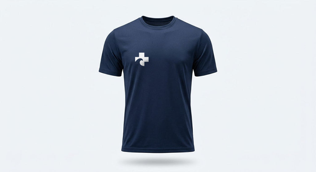 Navy Beach Recovery athletic tee, front view, with the Cross reversed to white at the right chest.