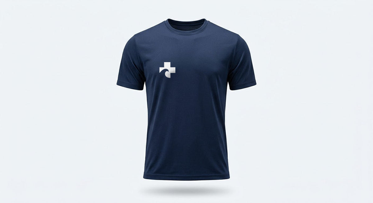 Navy Beach Recovery athletic tee, front view, with the Cross reversed to white at the right chest.
