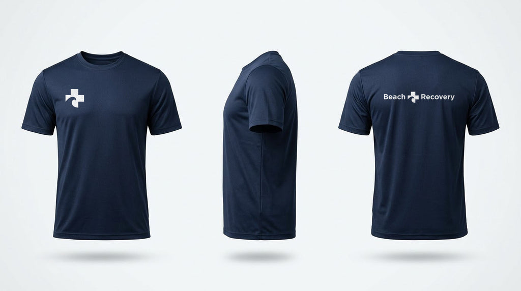 Navy Beach Recovery athletic tee shown front, back and side: the Cross reversed to white at the right chest, the full Beach Recovery signature across the back.