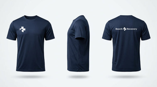 Navy Beach Recovery athletic tee shown front, back and side: the Cross reversed to white at the right chest, the full Beach Recovery signature across the back.