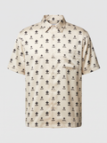 Silk Beach Shirt, cream silk with the Beach Recovery monogram repeat in black. Design rendering.